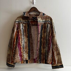 IOS Women's Shirt Blouse 100% Linen Animal Print Sequin Med Boho